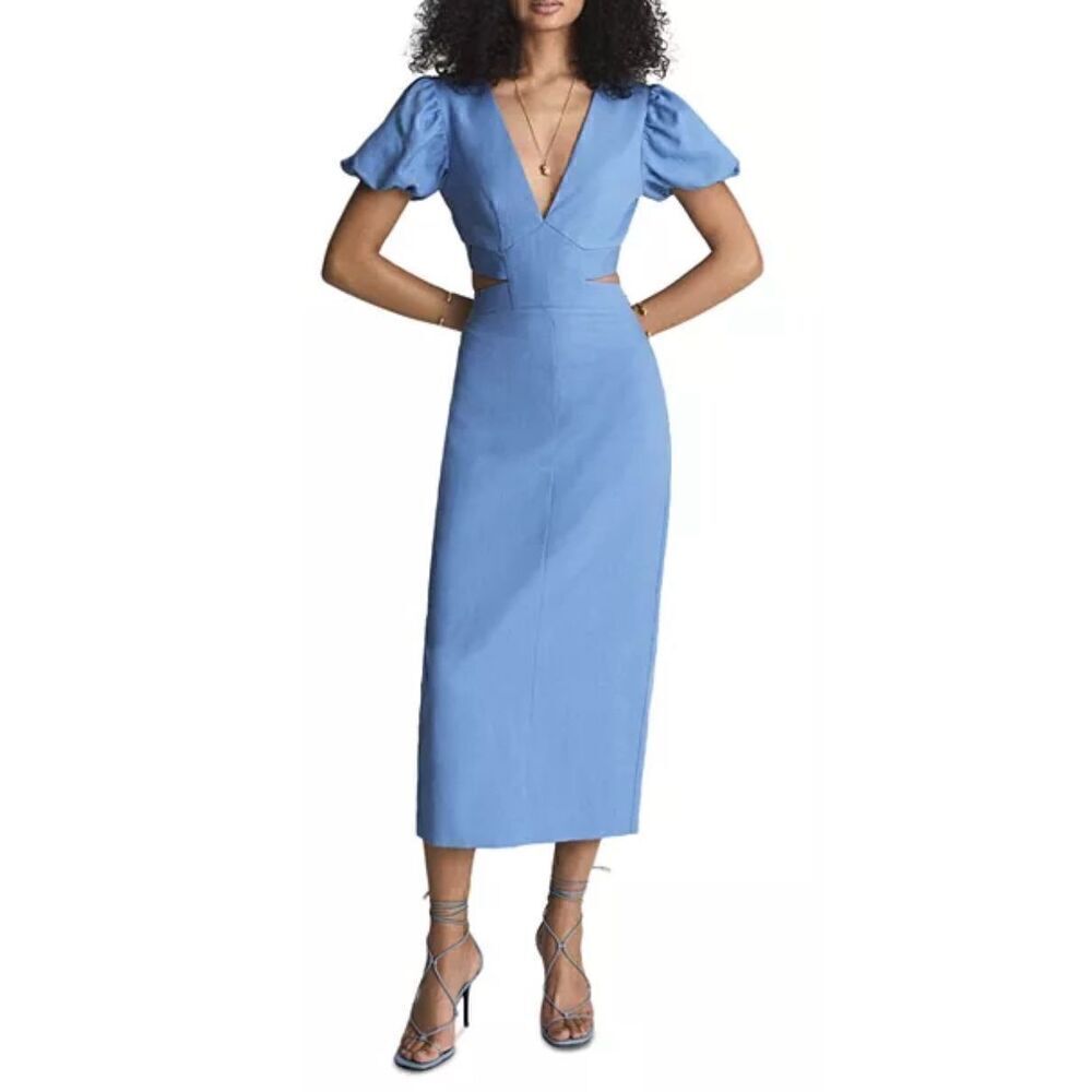 REISS Jennah Puff Sleeve Cutout Dress in Blue NWOT Size 10